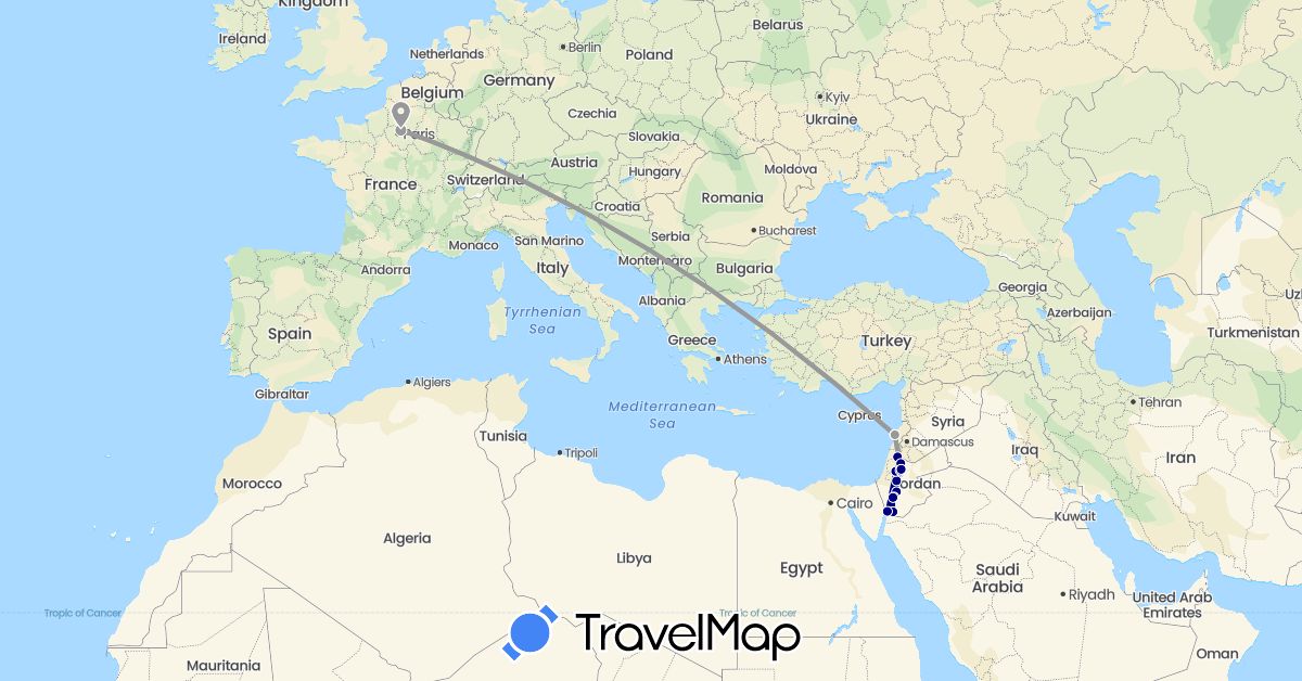 TravelMap itinerary: driving, plane in France, Jordan, Lebanon (Asia, Europe)
